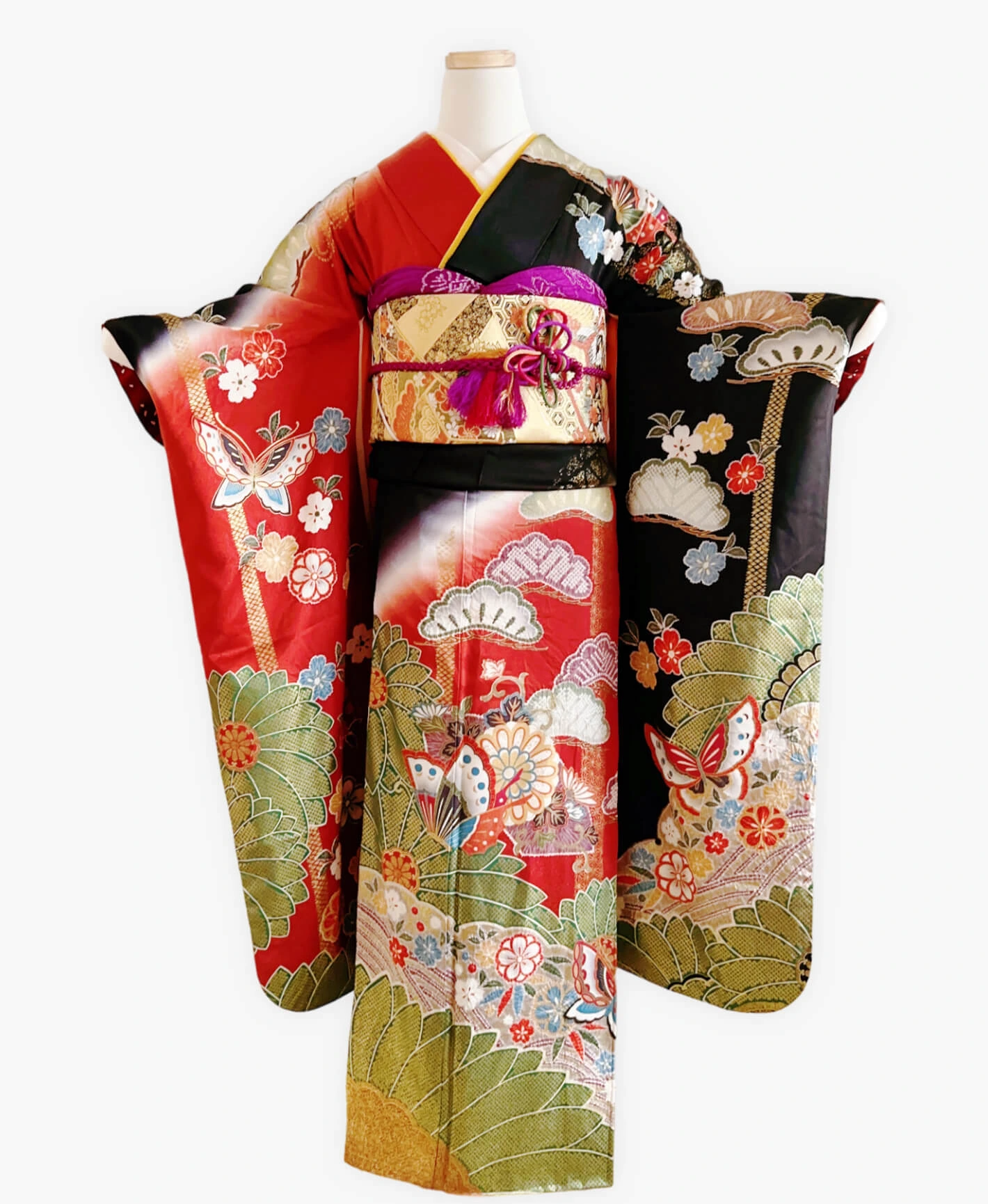 Dark Red Pine Butterfly Furisode - Image 1