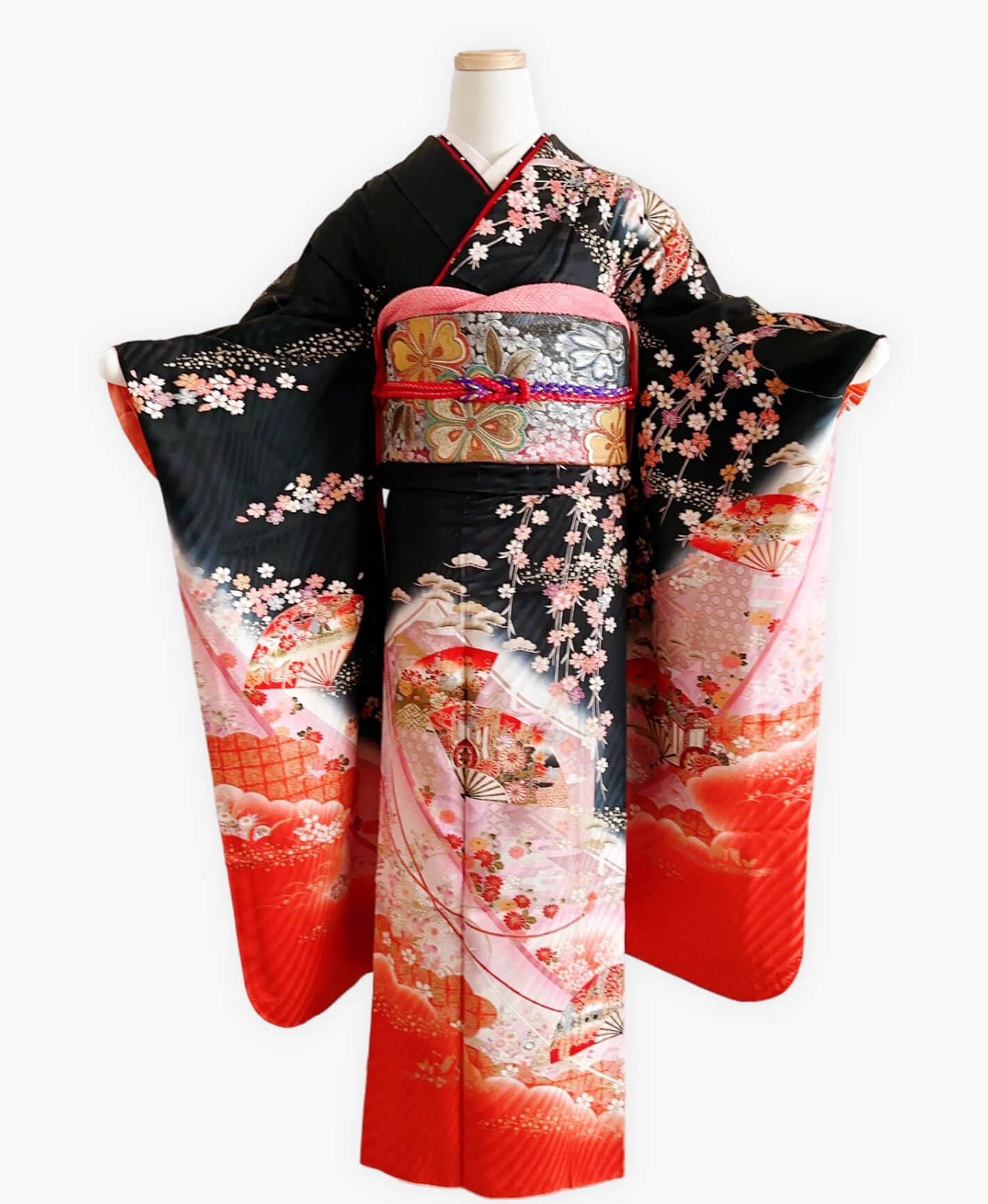 Black Weeping Sakura Fan Furisode - Image 1
