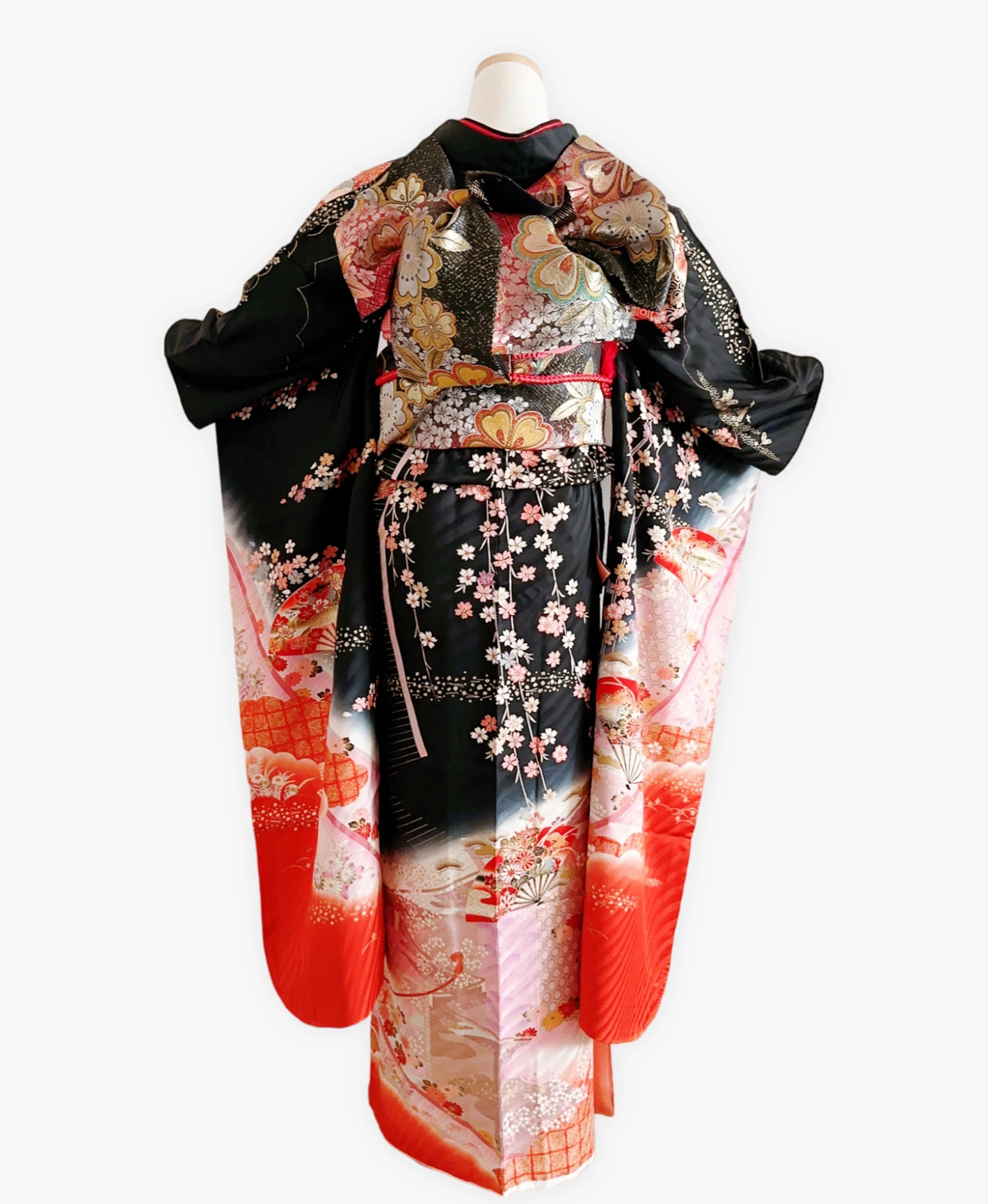 Black Weeping Sakura Fan Furisode - Image 2
