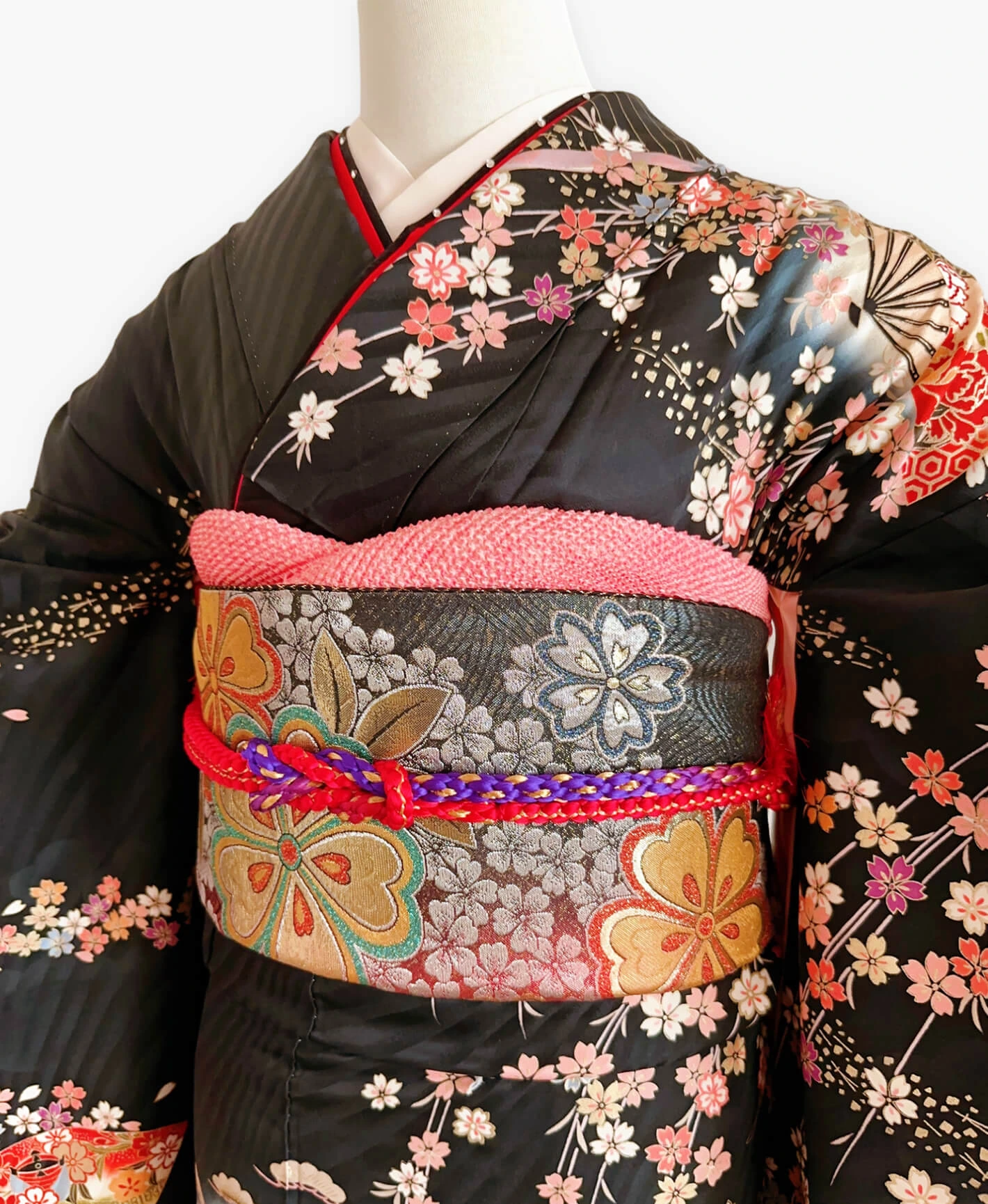 Black Weeping Sakura Fan Furisode - Image 3
