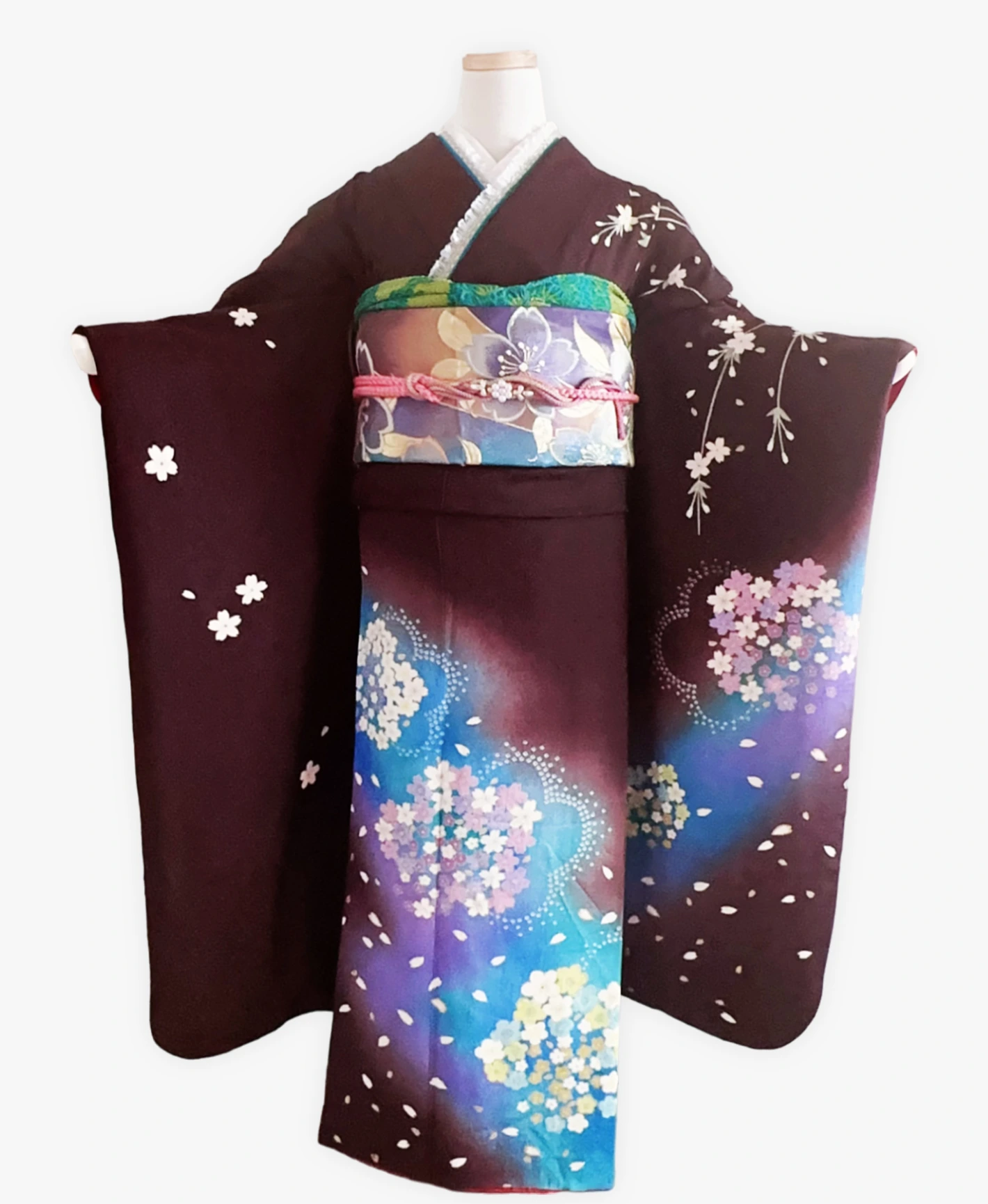 Black Weeping Sakura Petals Furisode - Image 1