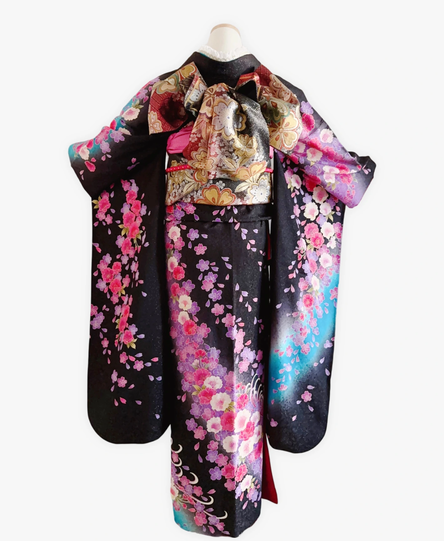 Black Chrysanthemum Hundred Flowers Furisode - Image 2