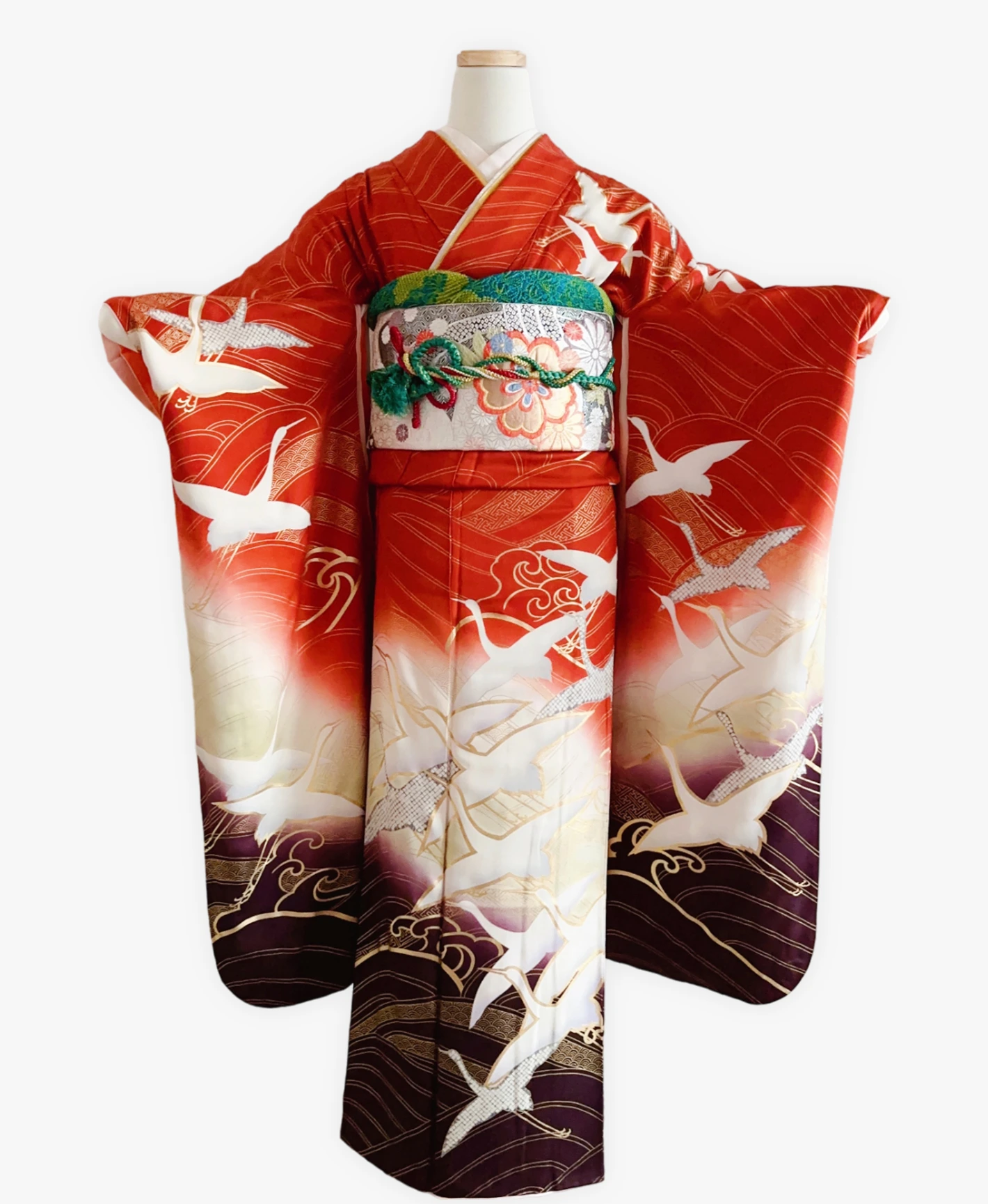 Red Crane Wave Furisode - Image 1