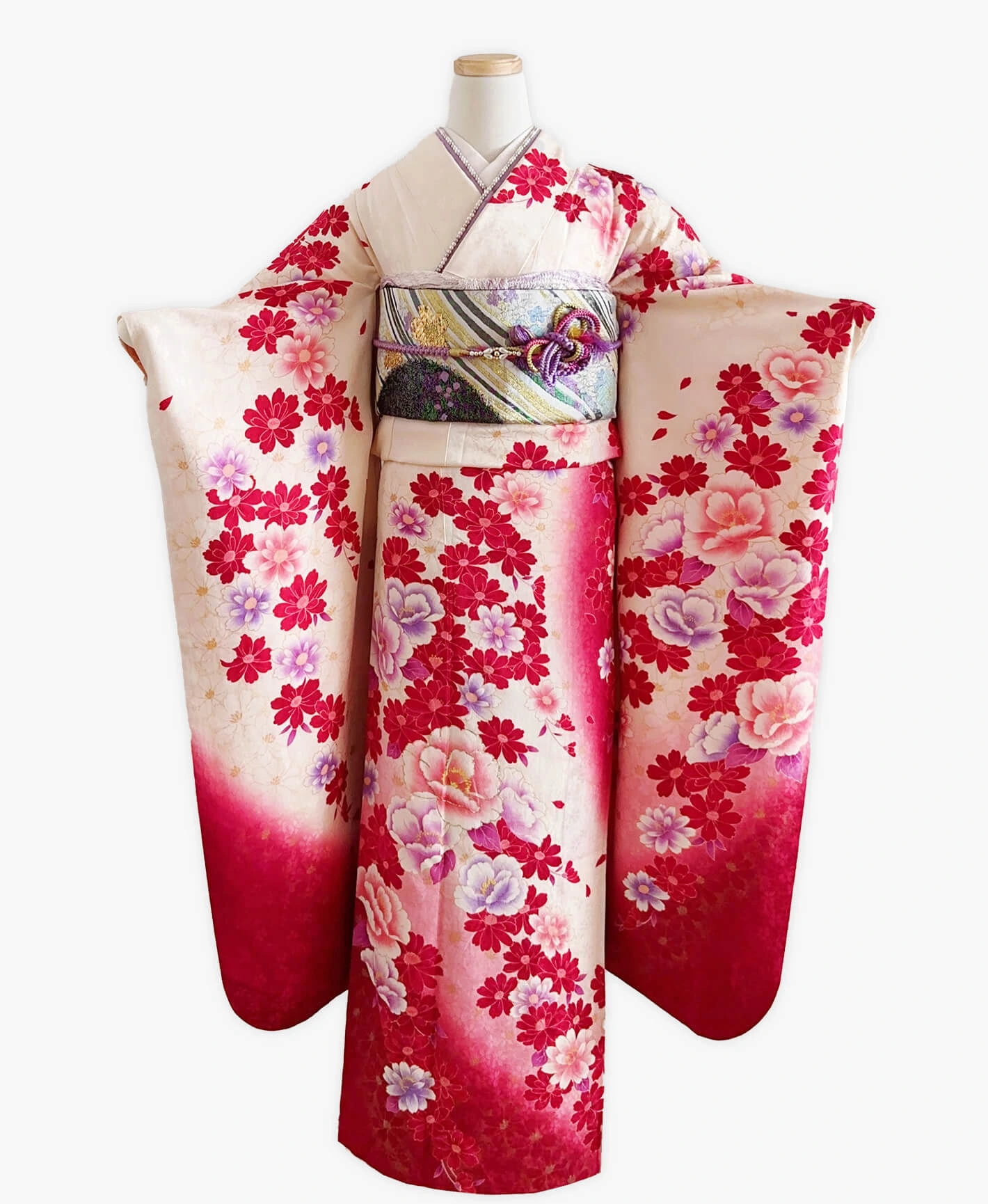 Deep Scarlet Floral Furisode - Image 1