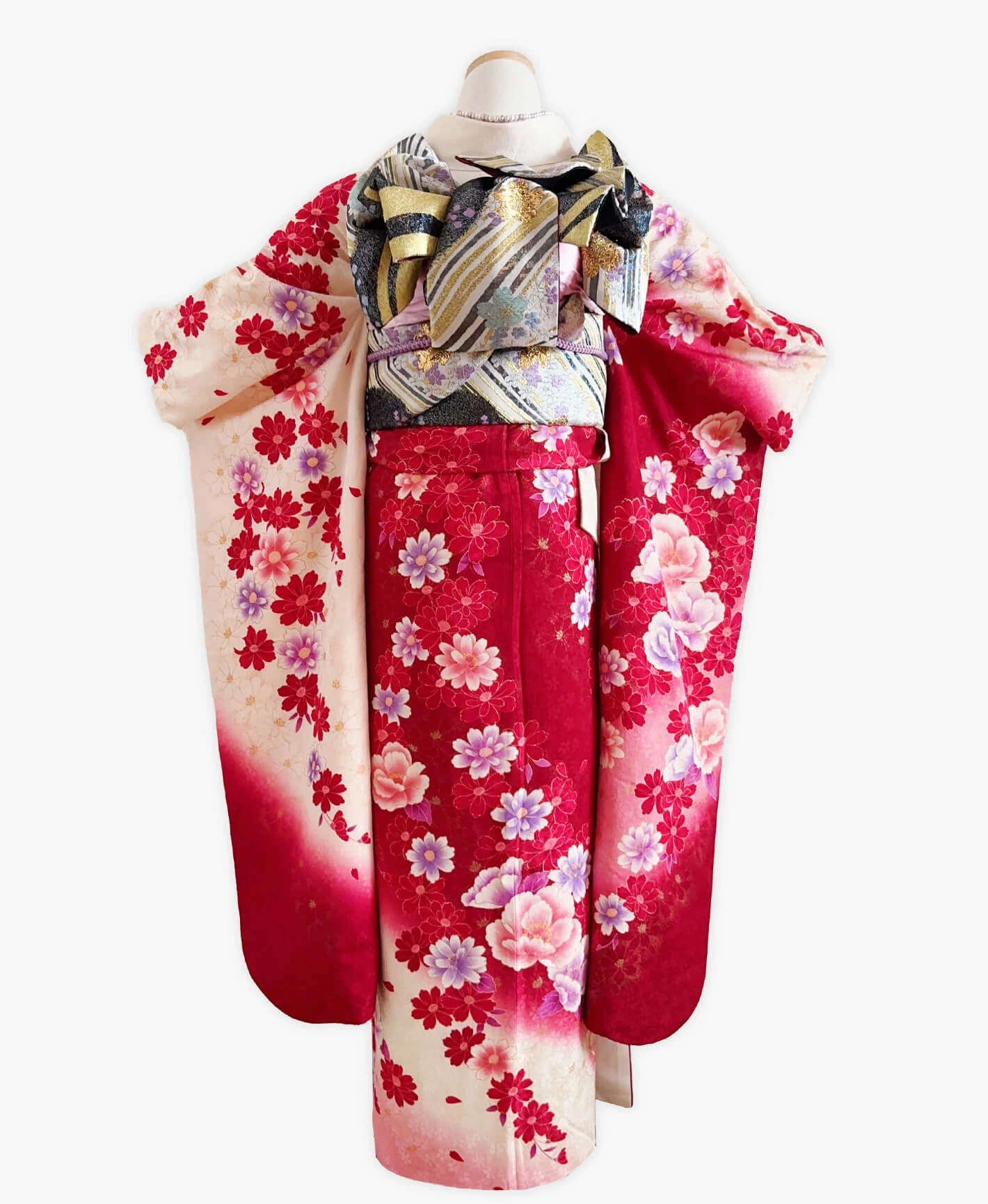 Deep Scarlet Floral Furisode - Image 2