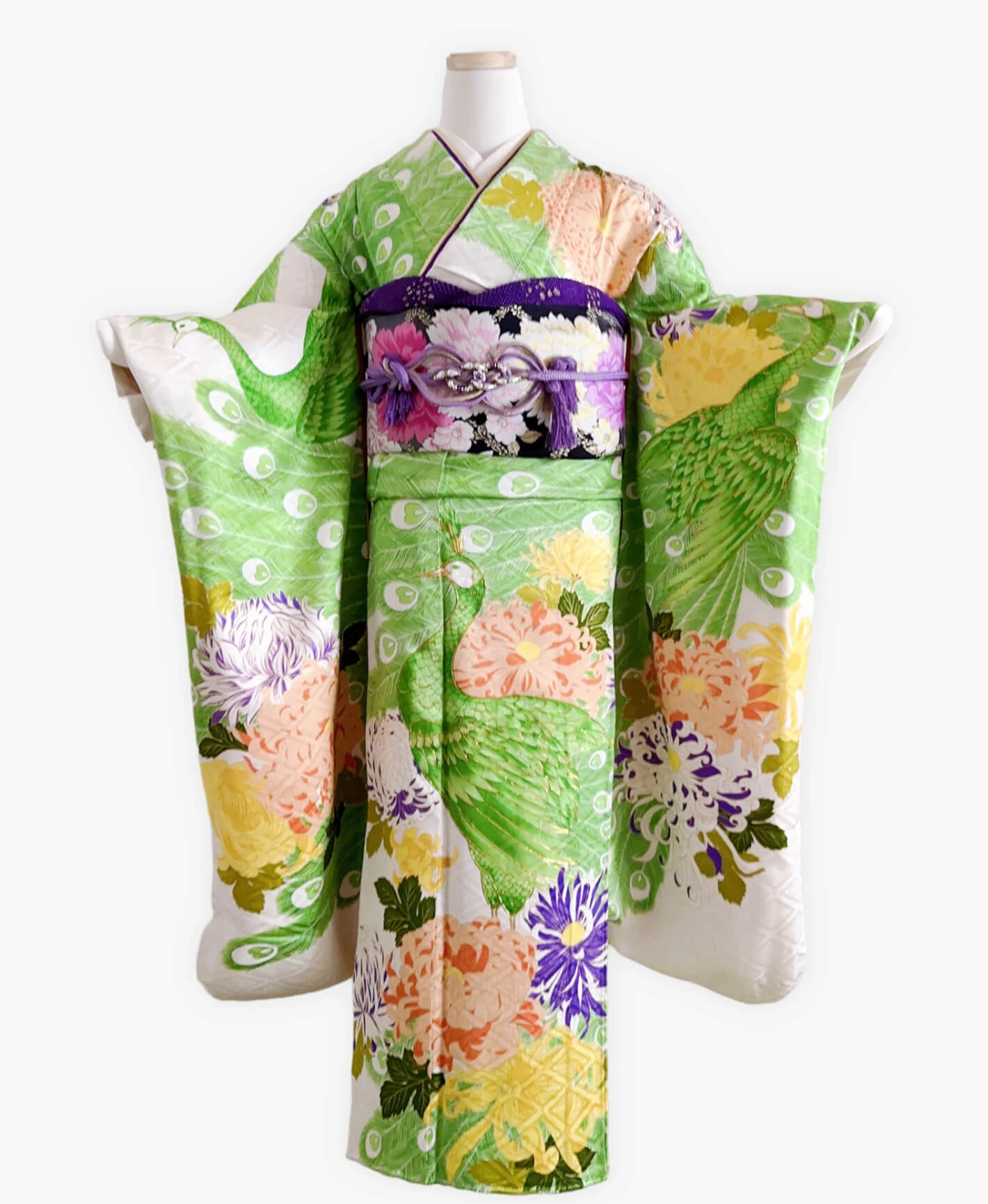 Green Peacock Peony Furisode - Image 1