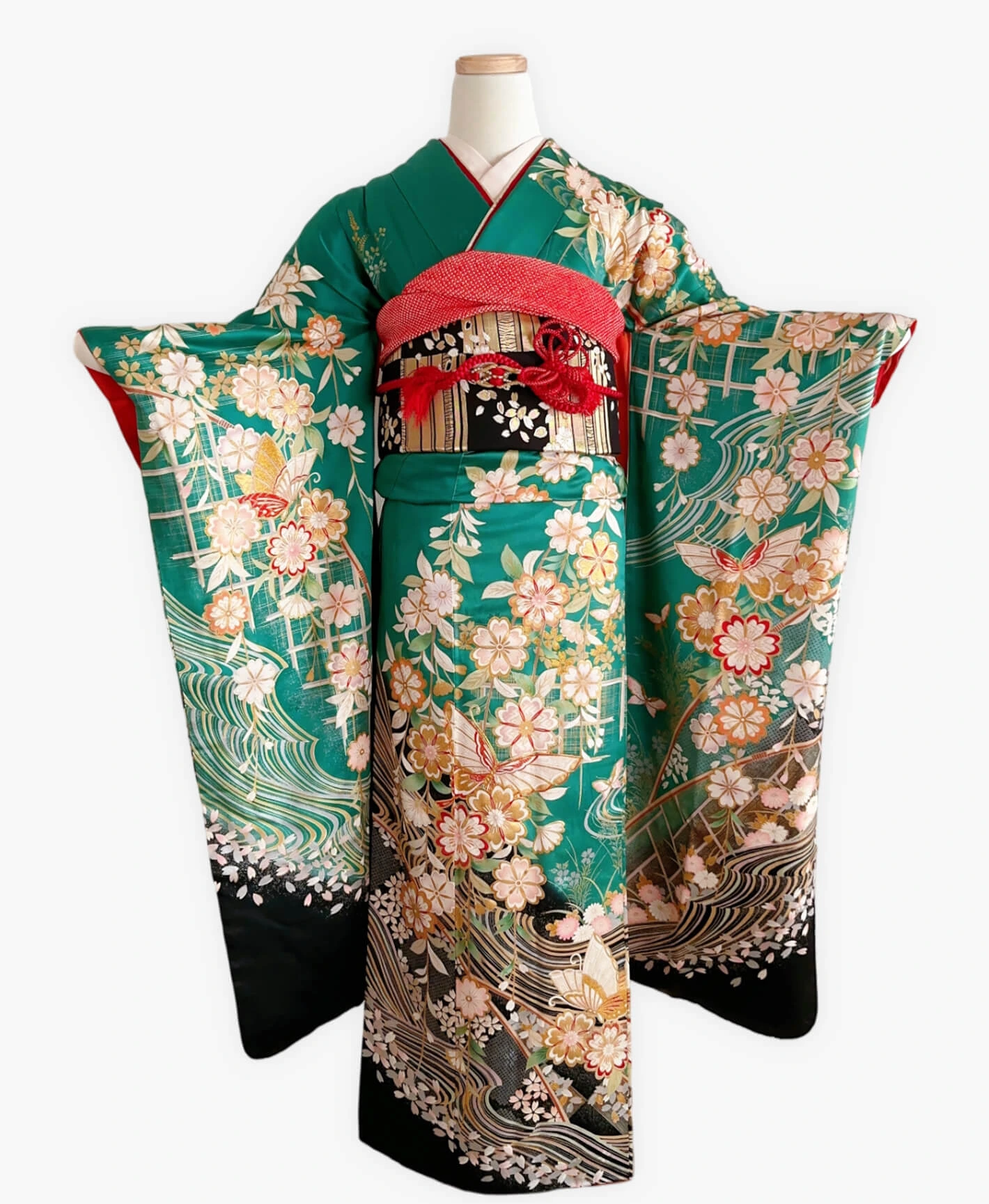 Dark Green Butterfly Stream Furisode