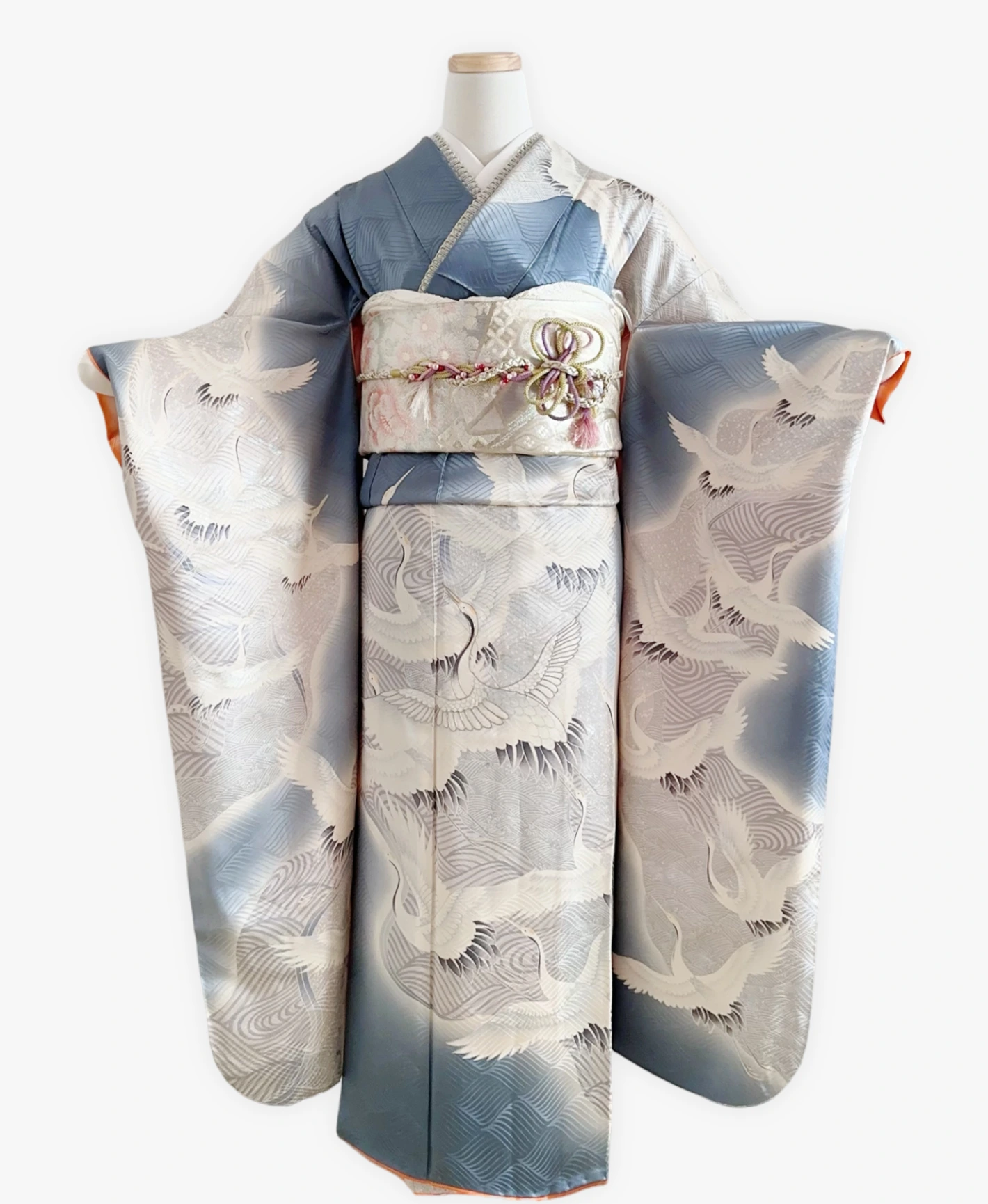 Blue Grey Crane Wave Furisode